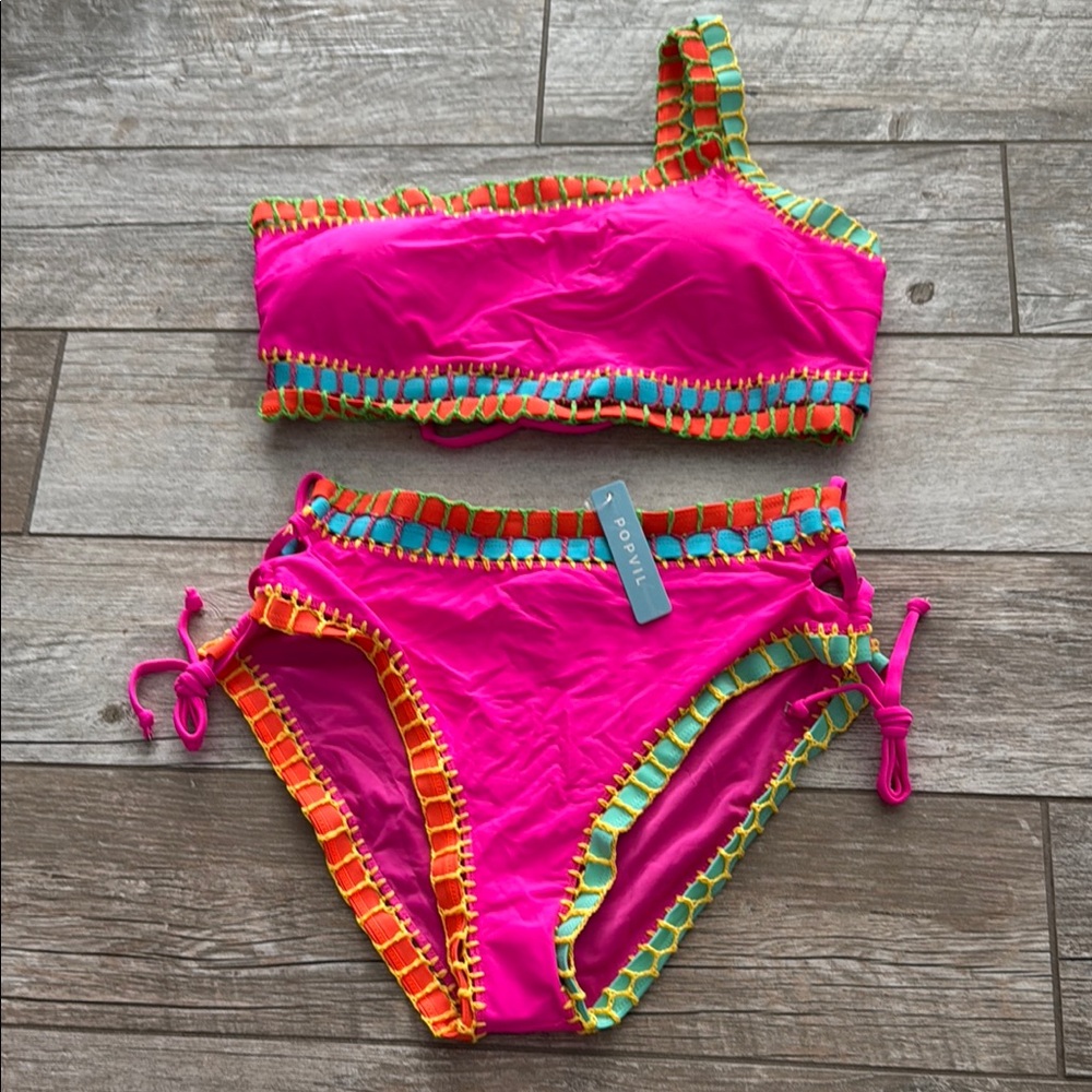 POPVIL Pink One-Shoulder Women XL  Swim Set
